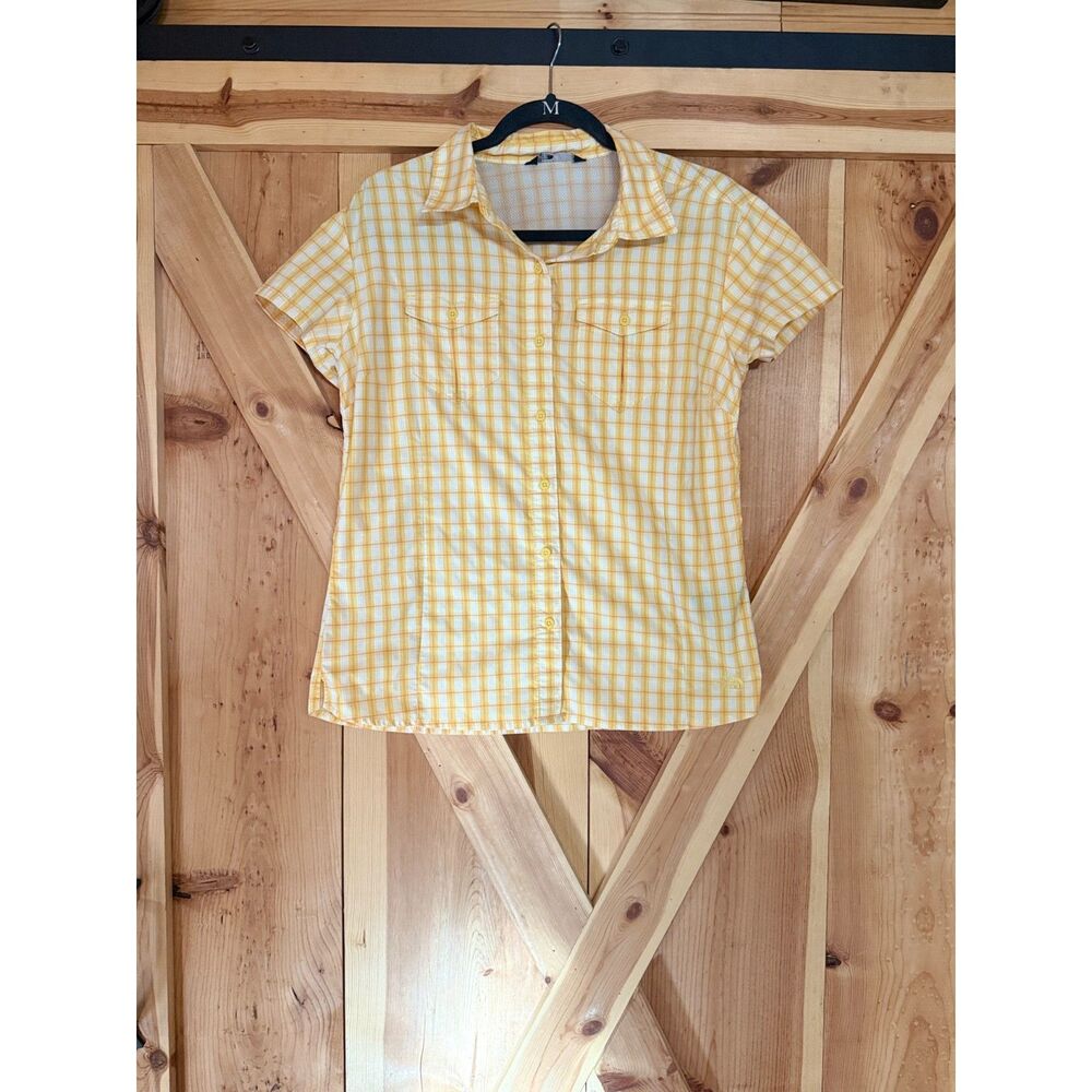The North Face Womens M Yellow Plaid Short Sleeve Hiking Shirt Mesh Backed Top